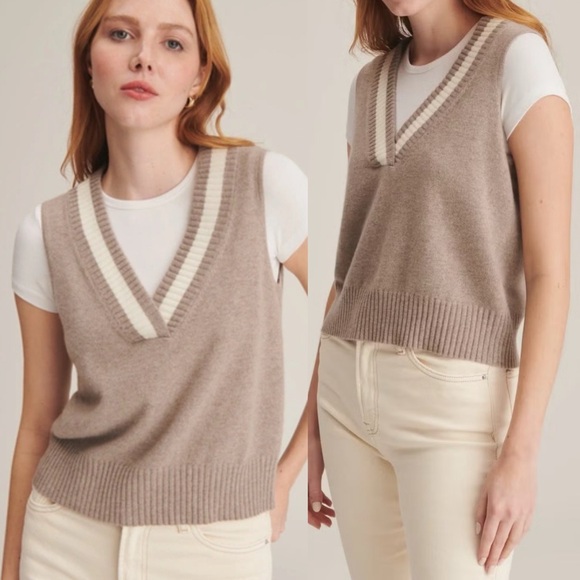NWOT NAADAM 100% Pure Cashmere Knitted V Neck Vest Taupe Academia Ivy League S - Picture 1 of 11